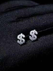 2pcs Cubic Zirconia & Copper Dollar Sign Stud Earrings, Simple Hip Hop Style For Men, Suitable For Daily Wear