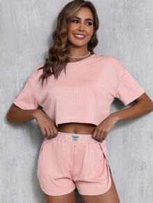 2 Stücke Damen Sommer Lässig Kurzarm Top & Shorts Set, Rundhals Pullover Top & Shorts mit hohem Schlitz für einen sexy Look, Frühlings-/Sommer-Loungewear Set