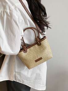 1Pc Summer Vacation Beach Bag, Pastoral Style Hand-Held Straw Bucket Bag For Women 2025 Spring New Style Niche Contrast Color Stylish Crossbody Woven Bag - Apricot - View 5