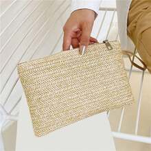 1PC Women's Wheat Braided Grass Woven Bag Women's Clip Bag Handmade Woven Bag Mobile Change Bag Handheld Bag - Khaki - View 3