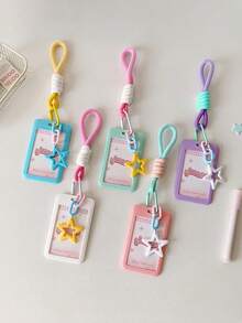 Student Candy-Colored Sliding Cover 3-Inch Card Holder, With Lanyard For Bus/Metro Card, Kids' Idol Card Display Pouch , Back To School Gifts