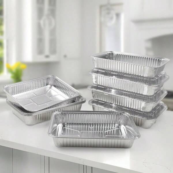 10pcs/Set Disposable Aluminum Foil Pans, 12.4 X 8.5 X 2 Inches, Heavy Duty For Baking, Cooking, Camping And Travel