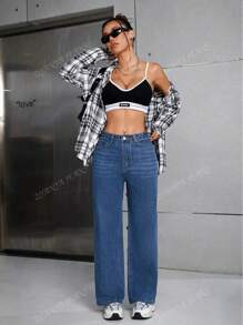 Pantalones de mezclilla sueltos con efecto desgastado, lavado liso, estilo casual, cierre de cremallera y botón, para mujer.