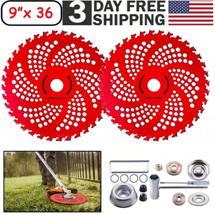 9"X 36 Teeth Carbide Tipped Blade Kit For Brush Cutter Trimmer W-Eed Eater 2 Pack, Fit For Brush Cutter, Trimmer, W-Eed Eater - 紅色 - 查看 1