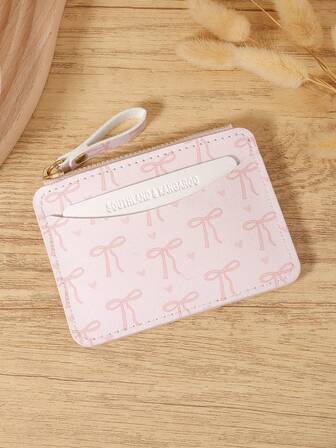 Pink Bow Love Pattern Zipper Small Wallet Coin Pocket Small Purse Bifold Slim Women Wallet MiniThin,Lightweight,Multi Layer Portable,ID Card,Money Credit Card Minimalist,Fashion,Modern,Business,For Anniversary,For Birthday Gift,For Gift,For Girls,For Lady,For Female,Bag School Supplies For School Dorm Room & Back To School