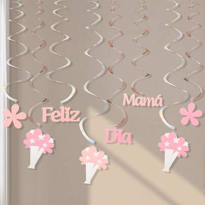 一套（西班牙语“母亲节快乐”）螺旋悬挂装饰，花朵和爱心妈妈横幅，适用于母亲节派对装饰