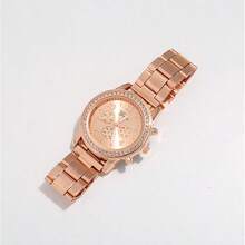 1pc Geneva Casual Elegant Stainless Steel Band Rhinestone Decoration Watch - Rose Gold - View 3