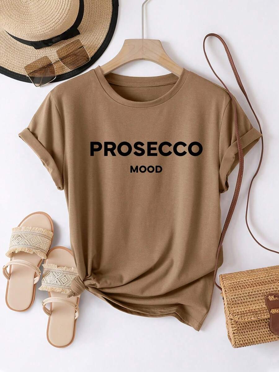 女士休闲字母印花T恤，优雅圆领宽松版型T恤，春夏款 - 駝色 - 查看 1