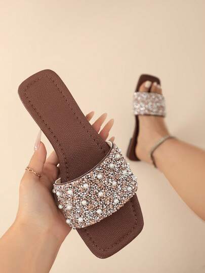 Sandalias planas de moda informal con cristales de Rhinestone para mujer de ajuste ancho, cómodas, transpirables, con diseño abierto de dedo sexy, adecuadas para caminar al aire libre, vacaciones, fiestas, estilo palaciego, look de princesa linda