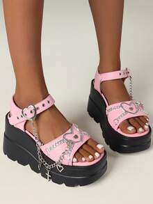 Y2K Women's Thick Sole Wedge Sandals Chain & Heart Goth Sandals Punk Sandals Women's  Black Heels - 粉色 - 查看 3