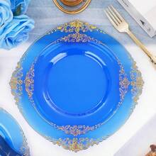 200pcs Transparent Blue Palace Style Plastic Gold Tableware Set, Suitable For 25 Guests, Including 25 Dinner Plates, 25 Dim Sum Plates, 75 Knives, Forks, Spoons, 25 Cups, 25 Napkins And 25 Straws. Very Suitable For Weddings And Parties - 透明藍色 - 查看 9