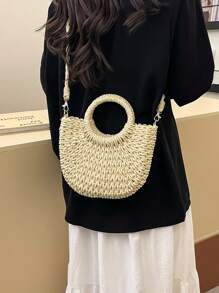 Sac en paille tressé de style simple Ins, en demi-cercle. Sac fourre-tout de plage fait main pour femmes, idéal pour les vacances