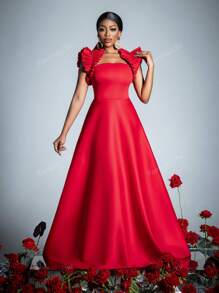 Sleeveless Ruffled-Trim Formal Dress - Timeless Elegant Gown With Fitted Bodice & Flowy Silhouette For Spring-Summer Weddings, Galas, Receptions, Red Carpet, Party Dress, For Cocktail