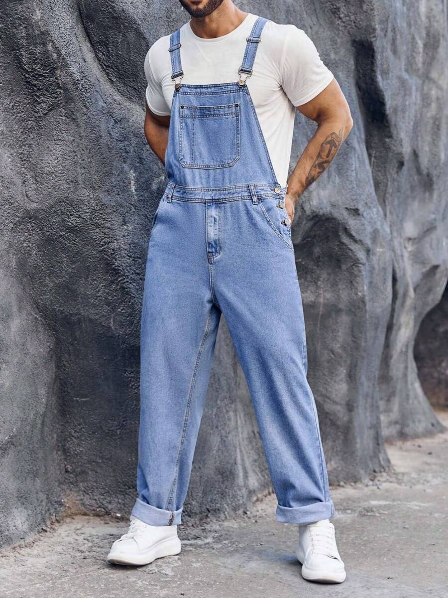 Runcati Men's Slim Fit Denim Bib Overalls Jeans With Boot Cut Trousers Adjustable Straps And Casual Fashion Style - Màu xanh lam - Xem 1