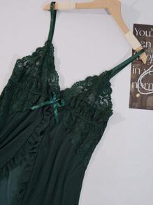 Set de 2 piezas (Ropa, Estampado) Vestido de encaje verde con volantes y escote en V talla grande tamaño y conjunto de lencería sexy con tanga para mujeres en Navidad