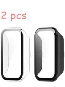 Pacote com 2 capas rígidas de PC para smartwatch Xiao Mi Smart Band 8 Active, protetor de tela de vidro temperado completo, capa protetora anti-goma para Mi Band 8 Active e Xiao Mi Redmi Band 2. A capa rígida de PC protege o relógio contra danos em esportes ao ar livre, uso diário e outros acessórios para cenas, homens e mulheres.