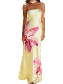 Womens Floral Strapless Dress With Scarf Y2k Backless Sleeveless Tube Maxi Long Dresses Sexy Mesh Bodycon Summer Beachwear - F;oral Yellow - 查看 1