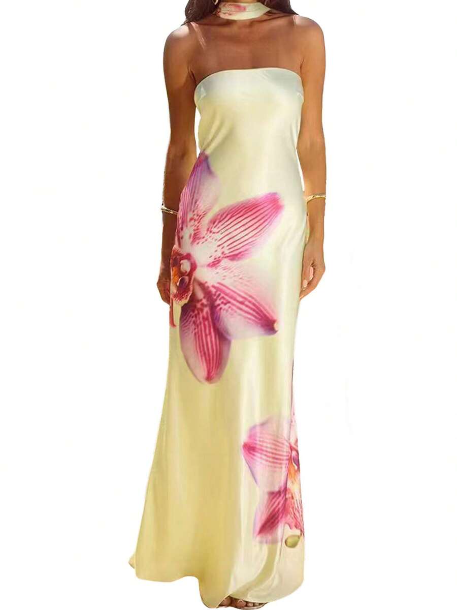 Womens Floral Strapless Dress With Scarf Y2k Backless Sleeveless Tube Maxi Long Dresses Sexy Mesh Bodycon Summer Beachwear - F;oral Yellow - 查看 1