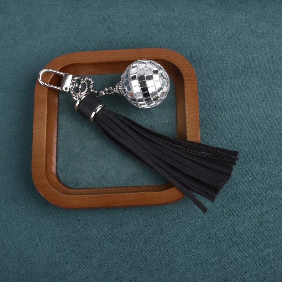 1pc Glittery Boho PU Leather Tassel Glass Ball Keychain - Black - View 1