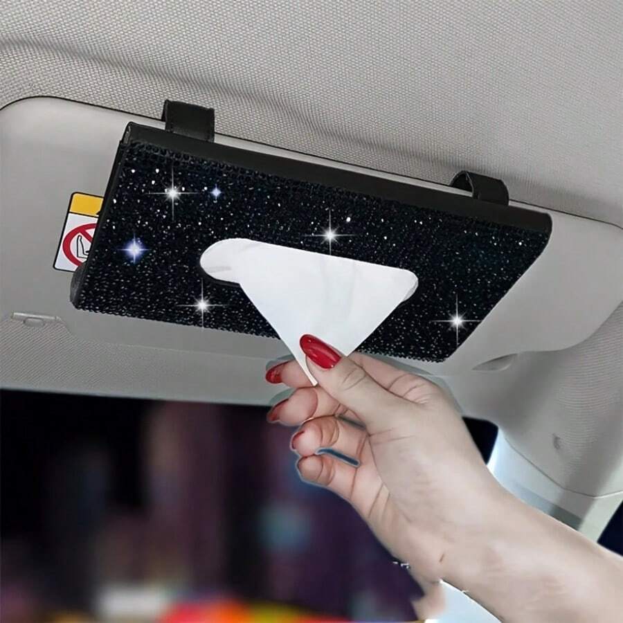 1pc Car Rhinestone Tissue Box, Car Sun Visor Tissue Box, Sparkling Crystal Tissue Holder, PU Leather Artificial Crystal Tissue Box - one-size - View 1