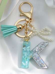 1 pièce Porte-clés avec lettre initiale, pendentif bicolore en résine, porte-clés minimaliste à la mode avec faux perle. Accessoire pour voiture, sac, sac à dos pour l'école, accessoires gothiques Y2K, idées de cadeaux pour la Fête des enseignants, Noël, accessoires pour sœur - Lac Bleu - Voir 8