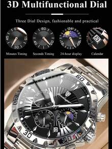 POEDAGAR 时尚男士不锈钢石英表，带日历功能，30米防水，计时小表盘，适合作为生日/节日礼物和日常休闲佩戴。