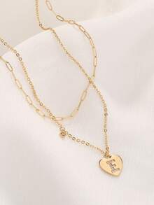 Nooxian 1pc Fashion Designed Heart & Letter E Rhinestone Multi-Layer Necklace (Random Clasp Ring & Bead Counts) - Yellow Gold - View 5