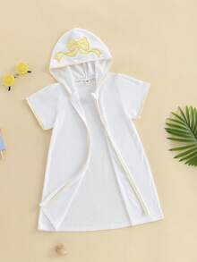 1-6 Years Kid Swim Coverups Bow Toddler Baby Boy Girl Terry Swimsuit Bow Elephant Embroidery Short Sleeve Hooded Terry Cloth Robe Zip-Up Towel Beachwear Beach Pool Bathing Suit Bathrobe Cover Ups - 黃色 - 查看 2