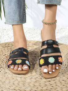 Sandalias de estilo bohemio de piel de poliuretano bordadas para playa, hogar y oficina
