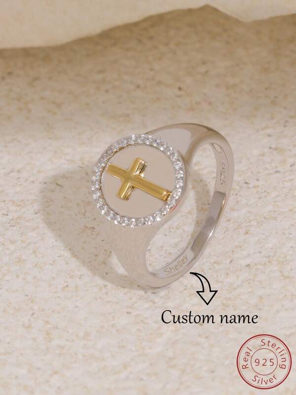 1pc S925 Sterling Silver Cross Design Personalized Engraved Ring, Fashionable Unisex Jewelry Gift For Birthday, Anniversary