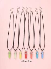 7pcs Multicolor Glow-In-The-Dark Resin Inlaid Star Hexagonal Column Pendant Necklace Set, Suitable As Valentine's Day, Friends, Daily Wear Gift