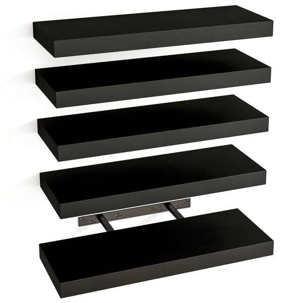Superlele 5pcs Floating Shelves For Wall, Black Shelves Wall Mounted Shelf With Invisible Bracket For Bathroom, Living Room, Bedroom, Kitchen, Office Decor, Room Decor, Bathroom Decor Back To School