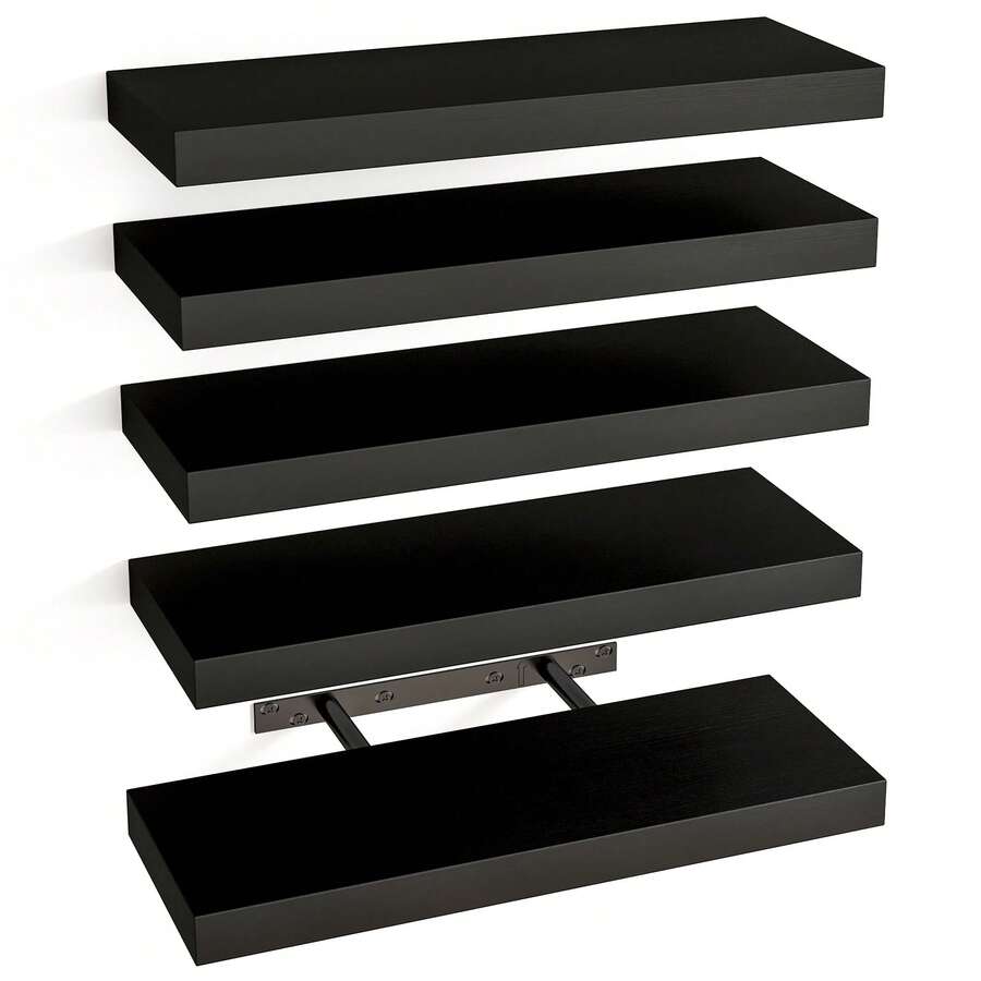 Superlele 5pcs Floating Shelves For Wall, Black Shelves Wall Mounted Shelf With Invisible Bracket For Bathroom, Living Room, Bedroom, Kitchen, Office Decor, Room Decor, Bathroom Decor Back To School