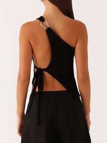 Off One Shoulder Tank Tops For Women Solid Stylish Side Tie Design Summer T-Shirt - 黑色 - 查看 4