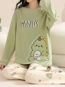 AICJ 2pcs/Set Women Casual Dinosaur Print Long Sleeve Top And Pants Pajama Set, Spring/Summer/Autumn Home Wear Outfit