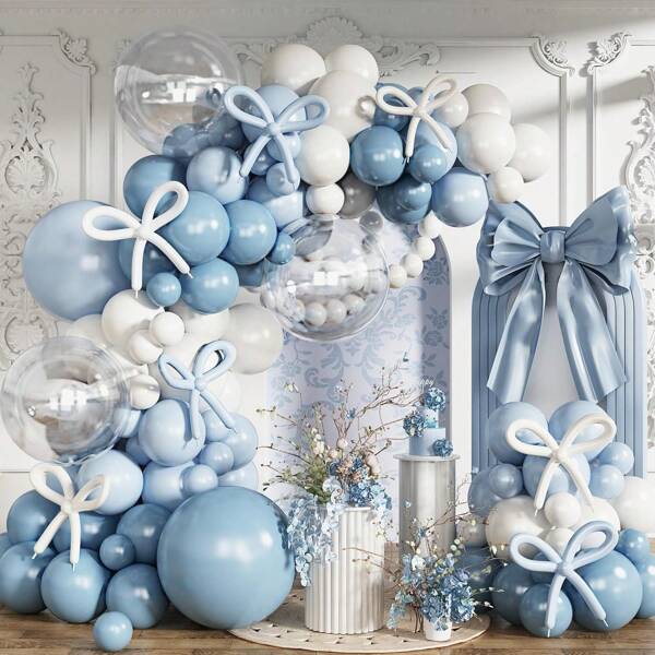 Kit de arco de guirnalda de globos con 99 piezas de globos azul polvoriento con moño, globos azules y blancos para decoración de cumpleaños, boda, despedida de soltera, aniversario