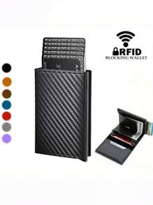 1 pieza Billetera de moda para hombre, Estuche de tarjetas de fibra de carbono de 3 colores, Soporte de tarjeta de aleación de aluminio con apertura automática, Billetera de tarjeta antirroba y antidesmagnetización, Blindaje formal/de negocios