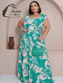 Plus Size Long Dress With Ruffle On The Shoulder - Turquoise Green Estam. - View 1