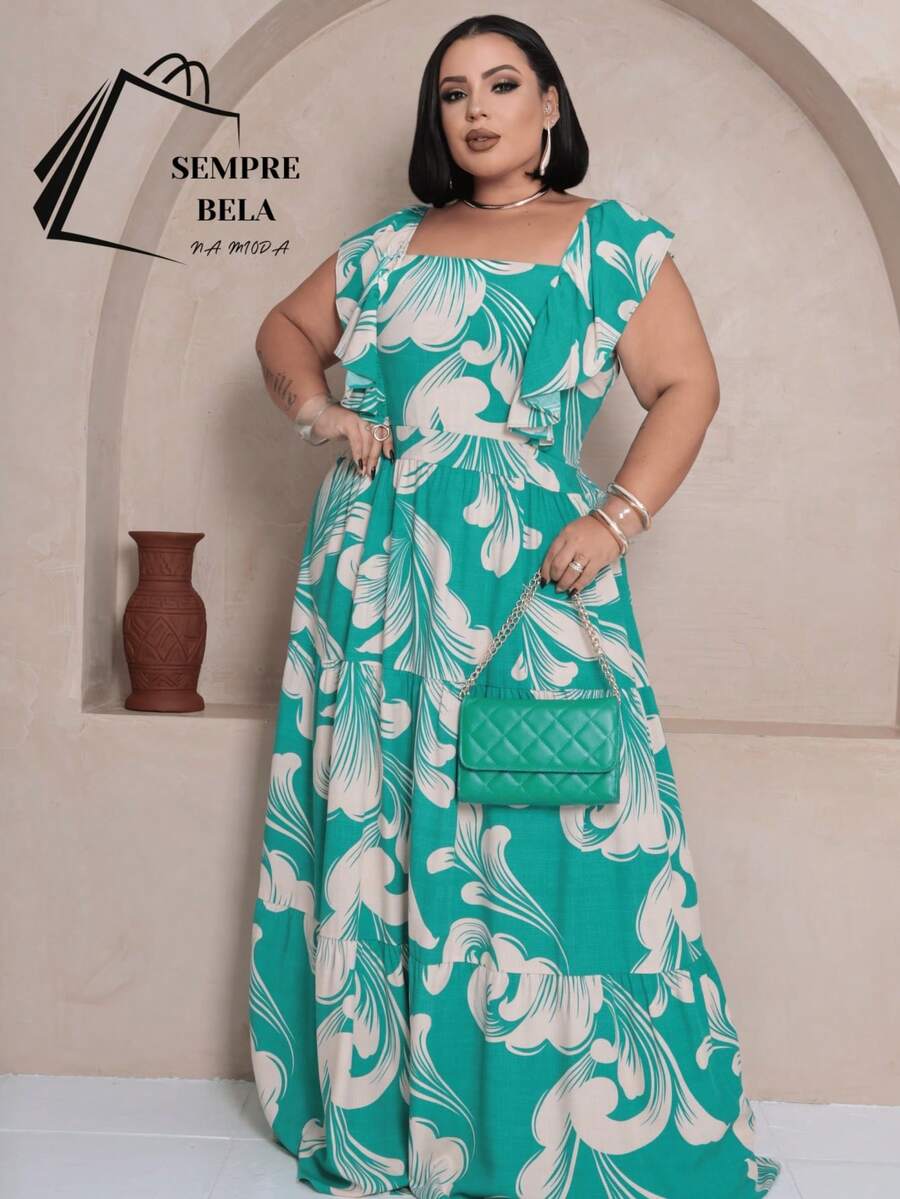 Plus Size Long Dress With Ruffle On The Shoulder - Turquoise Green Estam. - View 1
