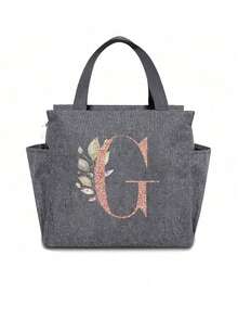 Personalized Initial Recognition Grey Insulated Lunch Bag - Canvas Thermal Lunch Tote, Zipper Closure, Large Capacity Aluminum Foil Lining, Suitable For Work And School Use, Portable Handheld Lunch Bag, Food Cooler Bag, Ideal For Work, School, Travel, And Women's Day Gift. Lightweight Reusable, Splash-Proof, Suitable For Picnics, Office, School And Outdoor Activities - Easy To Clean, Water-Resistant, Compact Design. - Grey - View 25