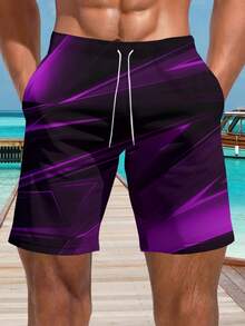 Men's Hawaiian Style 3D Print Casual Beach Shorts - Quick Dry, Drawstring Waist, Perfect For Summer Outings - Purple - View 3