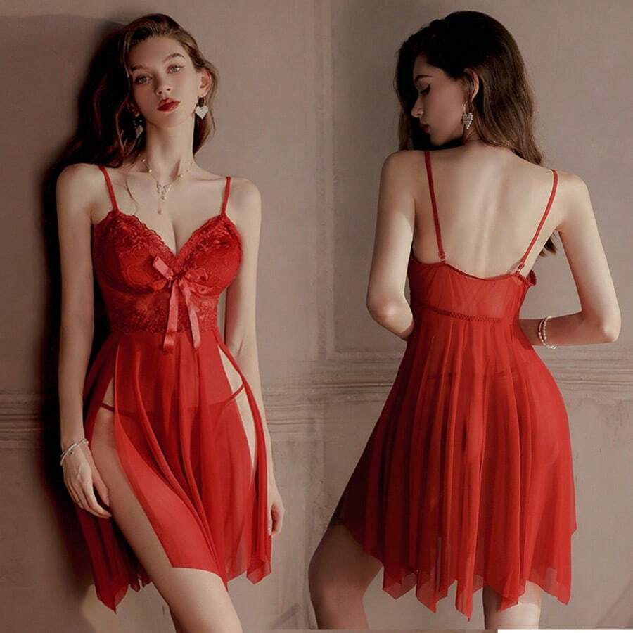 FEE ET MOI 性感内衣多件套下摆开衩花瓣睡袍，蕾丝深 V 吊带，刺绣蕾丝高腰大腿，花瓣开衩裙 - 酒紅色 - 查看 1