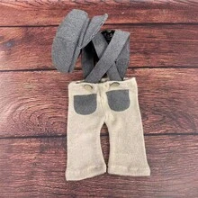 Set de 2 piezas Pantalón con tirantes y gorro para recién nacido niño, utilizado como accesorio para sesión de fotos de recién nacido, set de gorro de canillero y tirantes para fotografía de recién nacidos
