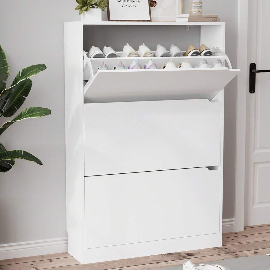 WUDVANI Narrow Shoe Storage Cabinet With 3 Flip Drawers, Hidden Shoe Cabinet, Modern Style, Large Capacity, Perfect For Hallway And Small Apartment - 白色 - 查看 1