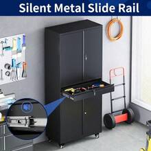 Gabinete de almacenamiento de garaje de metal con puertas con cerradura y estantes ajustables, gabinete de almacenamiento de herramientas con ruedas y 1 cajón - Gabinete de acero con cerradura de 73" para garaje, almacén (Negro) - Negro - Ver 5