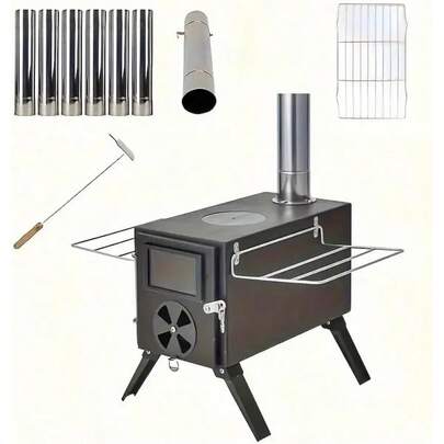 Folding Portable Stainless Steel Wood Burning Tent Stove With 7 Chimney Pipes – Outdoor Heating And Cooking For Camping, Hunting, And Ice Fishing