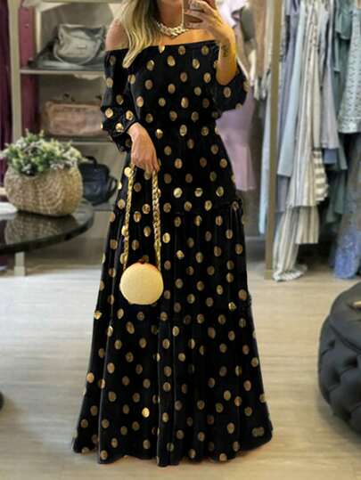Women's Off Shoulder Polka Dot Print Long Sleeve Belted Elegant Dress Black Vacation Spring