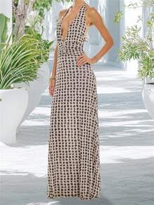 Women Long Dress, Sleeveless Halter Dress Backless Flower/Dots Print Summer Cocktail Dress - Black - View 4