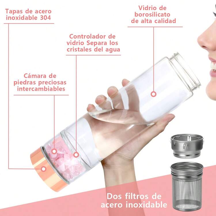 Natural Stone Energy Crystal Water Bottle, 450ML Glass Quartz Bottles, Water , Healing Stone, Relax, Exquisite Packaging Box, Rose Gold - Hồng - Xem 9