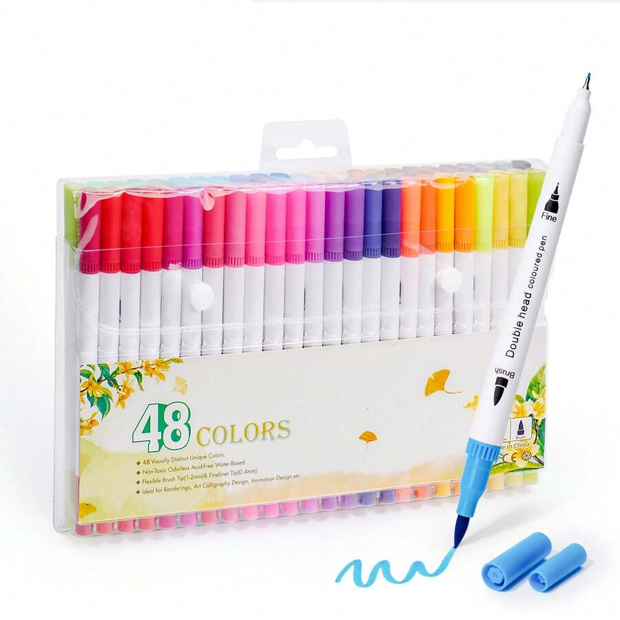 24/48/60/80/100色双头水彩笔软笔马克笔绘画美术用品学生返校办公文具用品礼物 - 彩色 - 查看 1